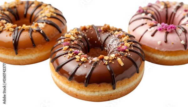 Obraz "Assorted gourmet donuts with artistic toppings including chocolate drizzle, crushed nuts and edible flowers, professionally isolated on transparent background with clean edges - perfect for cafe menu