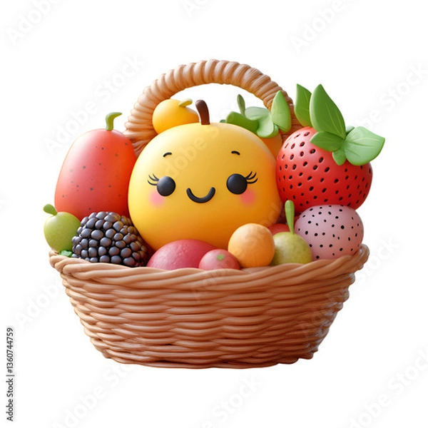 Fototapeta A Fluffy 3D Cartoon Basket Filled with Fruit and a Smiley Face Isolated on Transparent Background