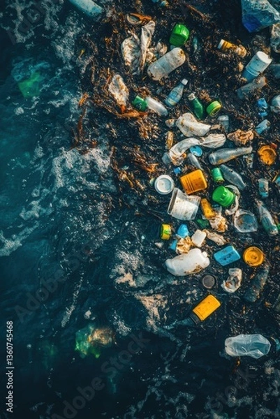 Obraz A person swimming in polluted dirty sea water full of garbage waste.