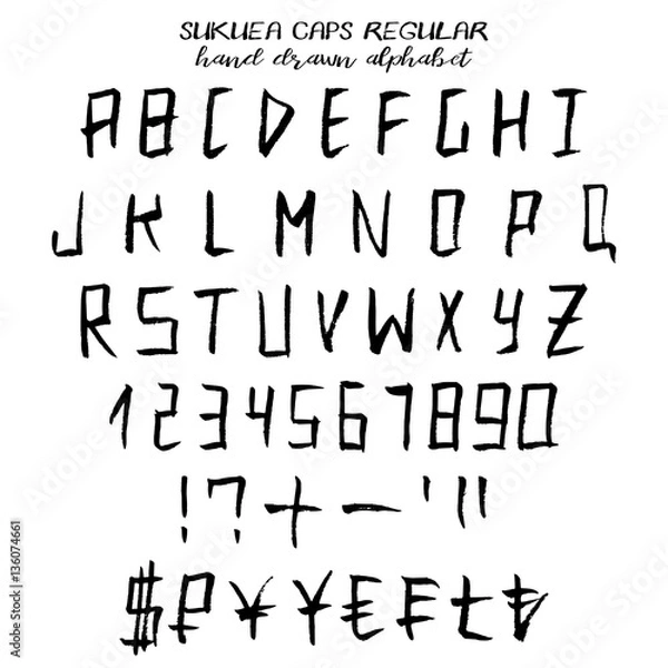 Fototapeta Hand drawn alphabet, written grunge font in Japanese style with square symbols: black capital letters, numbers and signs of currency. Word Sukuea from Japanese means Square. Vector illustration