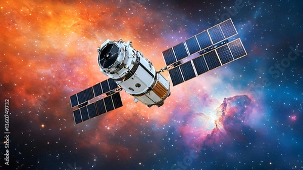 Fototapeta Exploring the cosmos: Satellite orbiting against a vibrant nebula backdrop