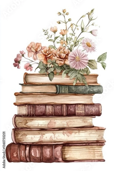 Obraz A watercolor painting featuring a stack of vintage books and flowers