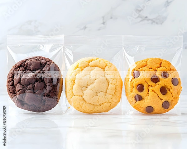 Obraz Three individually-packaged cookies on marble surface