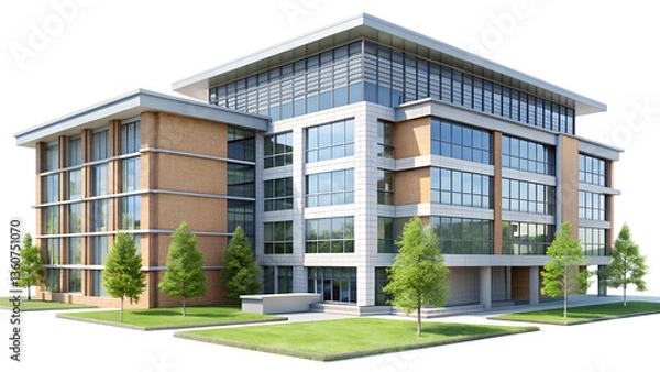 Fototapeta A modern university, College, school building with classic architectural design, isolated on a transparent background, ideal for educational and academic projects