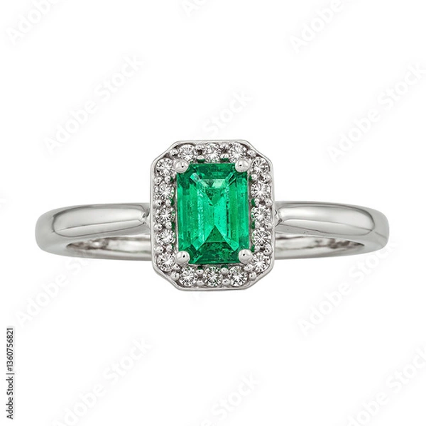 Fototapeta Exquisite silver ring with emerald center and diamond halo exuding elegance and sophistication