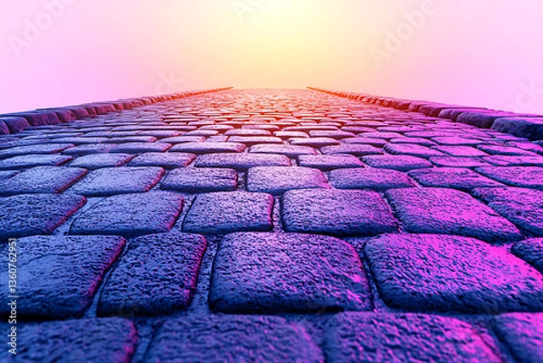 Fototapeta Cobblestone path stretches upwards vanishing into a brightly lit sky with purple and pink hues.