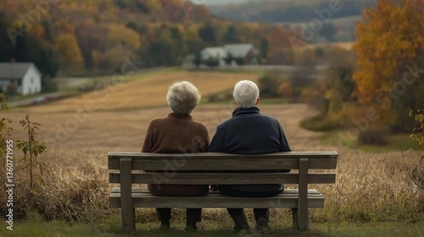 Fototapeta Elderly couple enjoying a peaceful view in autumn landscape  