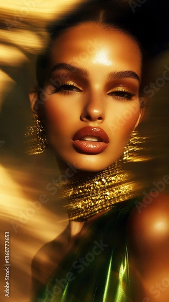 Fototapeta Elegant Supermodel in Gold-Embroidered Velvet Anarkali with Dynamic Motion Blurs