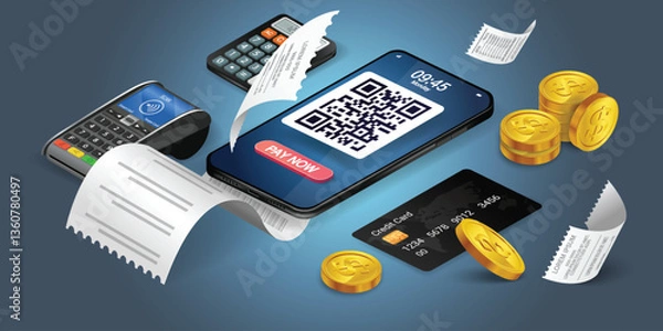 Obraz Scan Qr code and pay with mobile phone. Mobile scan QR code pay bill on top of invoice on blue background. Convenient and fast mobile bill payment concept.online transactions, payment,with application