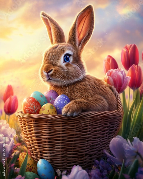 Fototapeta easter bunny in basket with decorated eggs