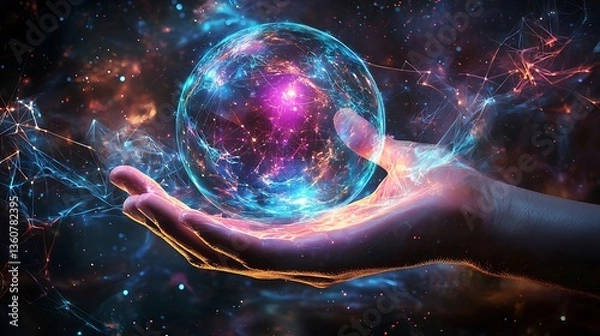 Fototapeta Cosmic sphere held in a hand, glowing with ethereal energy
