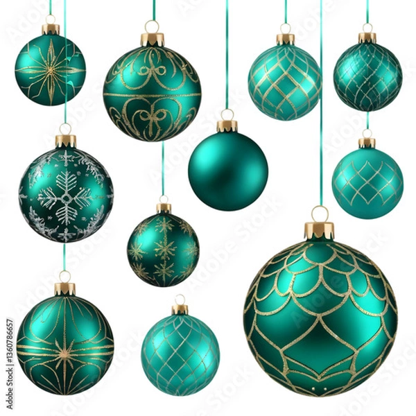 Fototapeta Elegant Teal Christmas Ornaments with Intricate Gold Patterns Hanging for Festive Decoration