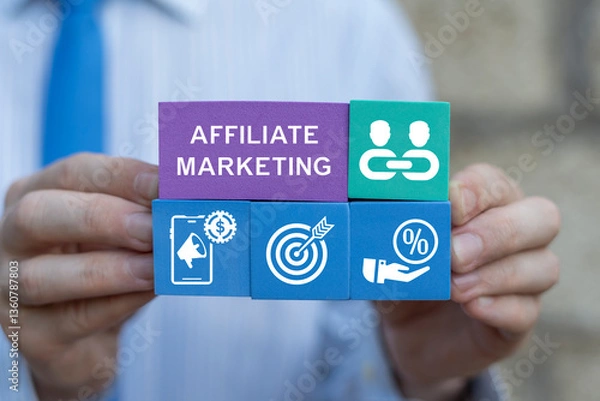 Fototapeta Business person holding colorful blocks with icons sees text: AFFILIATE PROGRAM. Affiliate Marketing Program Concept. Partnership marketing in social media. Refer a friend concept.
