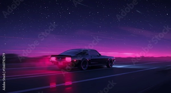 Fototapeta A digital illustration of a dark classic car driving down a road at dusk. The car has red taillights. The background shows a night sky with stars and a pink and purple mist. The road is wet and reflec