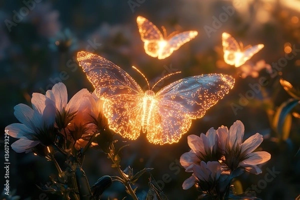 Fototapeta A secret garden where glowing butterflies land on flowers, leaving trails of light as they gently flutter away.