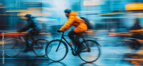 Fototapeta A man in an orange jacket speeds through the city on his bicycle, blurred motion showing the rush of urban life.