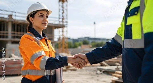 Obraz Construction workers handshake with site. (1)