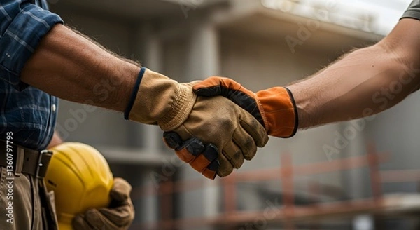 Obraz Construction workers handshake with site. (10)