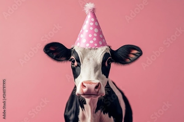 Fototapeta Happy Birthday! This adorable calf is ready to celebrate in style. A cute and funny image perfect for greeting cards or social media.