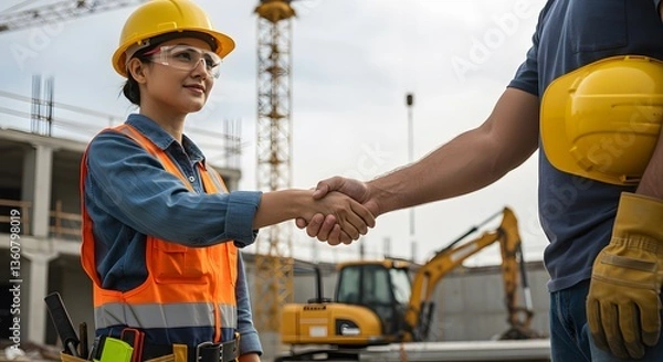 Obraz Construction workers handshake with site.