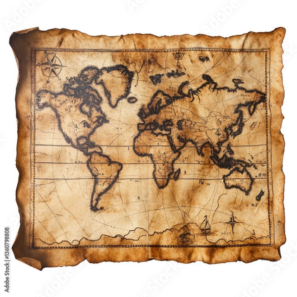 Fototapeta An antique map with aged edges, on a transparent background
