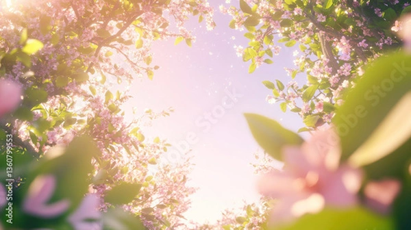 Fototapeta A romantic spring scene with apple blossom clusters swaying gently above, pastel pink and dusty rose hues, framed by fresh green leaves