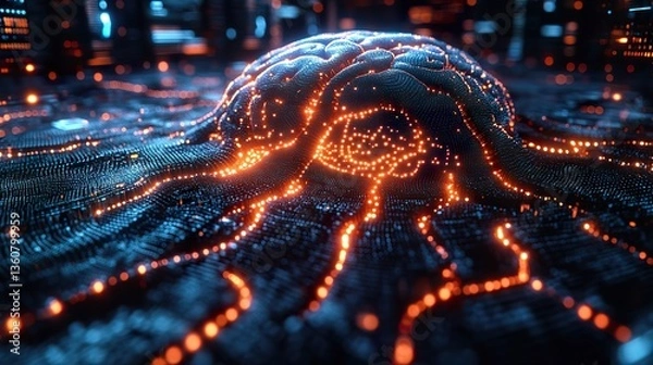 Obraz AI brain with neural pathways lighting up, connected to a futuristic supercomputer processing complex algorithms in real-time.