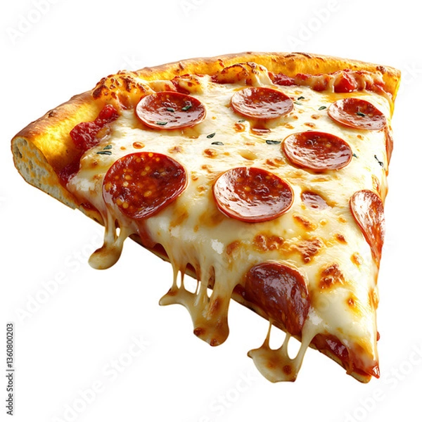 Obraz A Fluffy 3D Cartoon Pepperoni Pizza Slice with Glowing Melted Cheese Isolated on Transparent Background