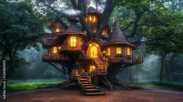Obraz Enchanted Wooden Treehouse in a Dark Forest at Night