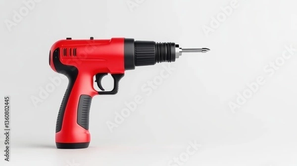Fototapeta Red Battery-Powered Drill with Ergonomic Handle and Rotating Chuck on White Background