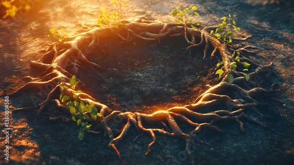 Fototapeta Enigmatic root circle on earth. Enigmatic Growth. Illustration