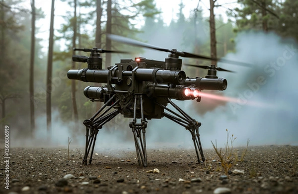 Fototapeta A drone with a camera attached to it in the woods