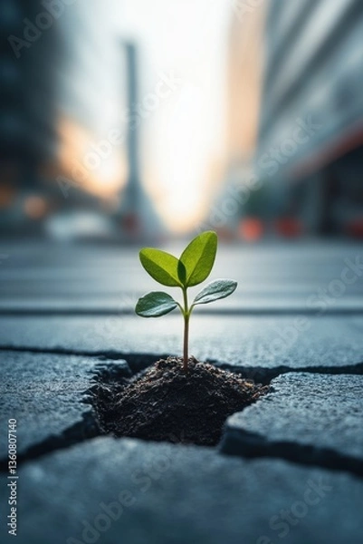 Fototapeta Closeup view of a tiny plant sprout growing out of hard ground.