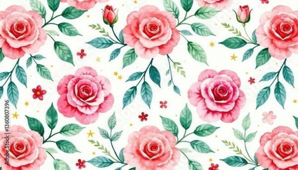 Obraz Delicate watercolor roses & leaves, repeat pattern, pattern, texture, wallpaper
