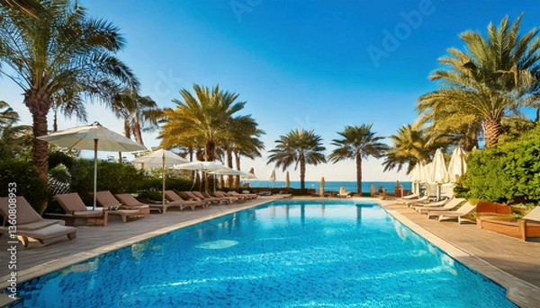 Fototapeta Inviting resort pool with crystalclear water surrounded by palm trees