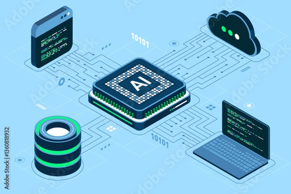 Fototapeta Isometric artificial intelligence chip concept. Artificial Intelligence server. Futuristic microchip processor. Isometric cloud computing. Isometric technology