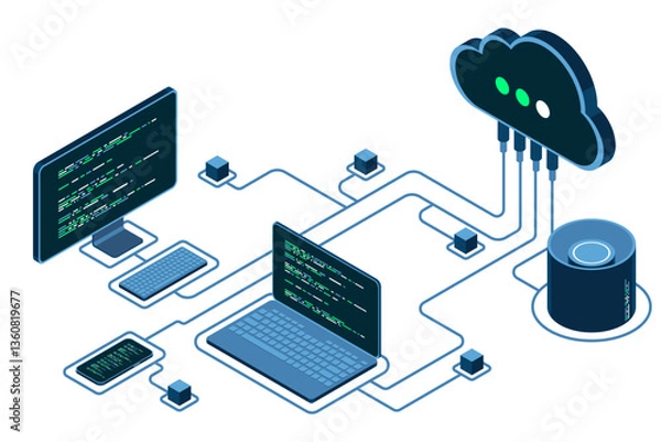 Fototapeta Cloud technology computing concept. Modern cloud technology. Data center isometric concept. Isometric cloud technology with data center. Web hosting concept. Isometric technology