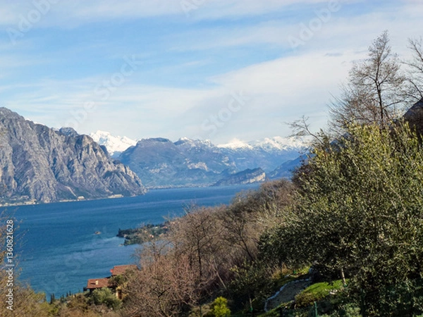 Fototapeta A picturesque view of the sea bay with a mountain and a tree park in the foreground. Tourist landscape and nature. Beautiful summer nature
