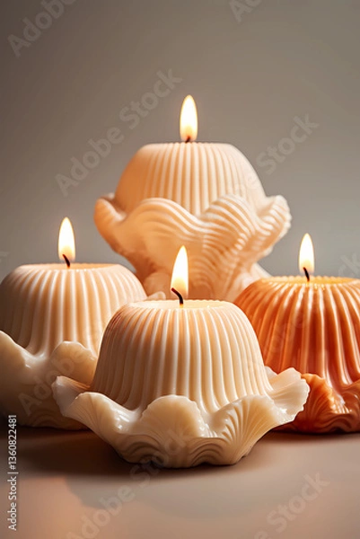 Fototapeta Candles in the shape of shells lit in peaches against a neutral background.
