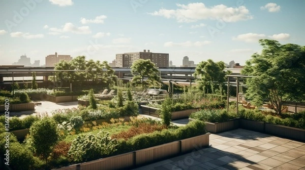 Obraz Urban rooftop garden with lush greenery and city skyline in the background.