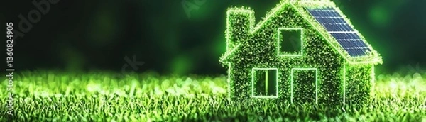 Obraz Green house with solar panel and grass background