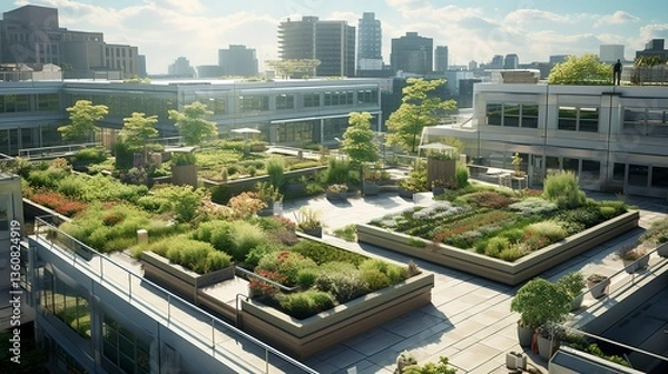 Obraz Urban rooftop garden with lush greenery and city skyline in the background.