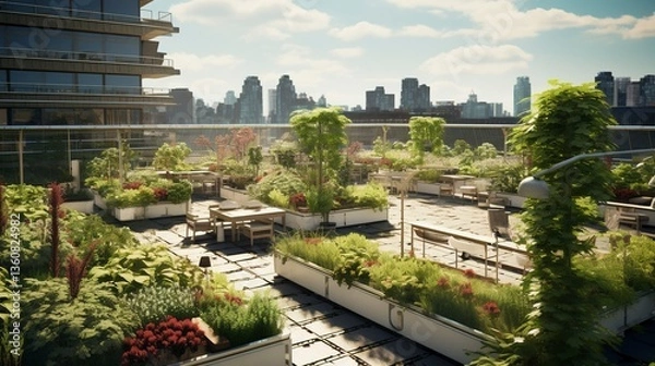 Obraz Urban rooftop garden with lush greenery and city skyline in the background.