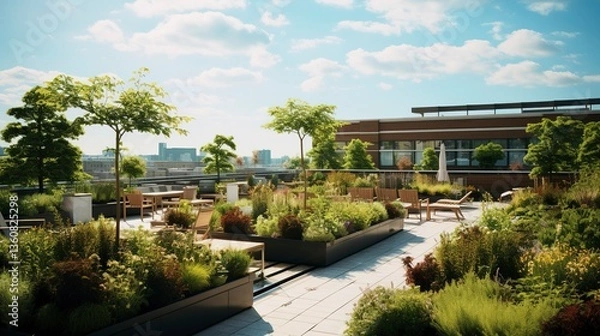 Obraz Urban rooftop garden with lush greenery and city skyline in the background.
