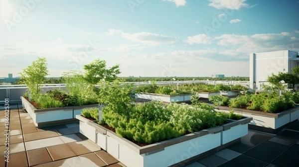 Obraz Urban rooftop garden with lush greenery and city skyline in the background.