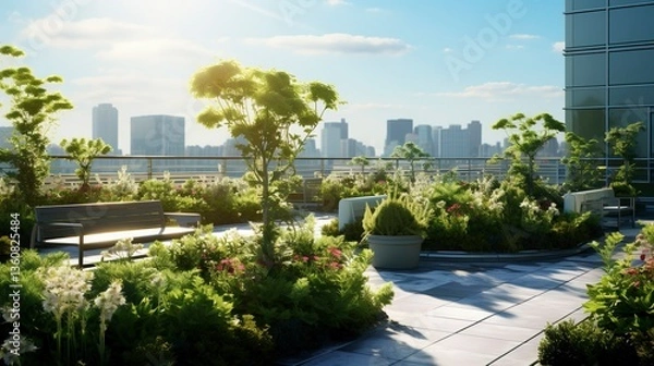 Obraz Urban rooftop garden with lush greenery and city skyline in the background.
