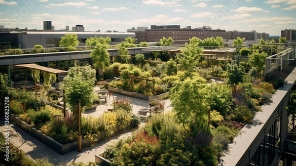 Obraz Urban rooftop garden with lush greenery and city skyline in the background.