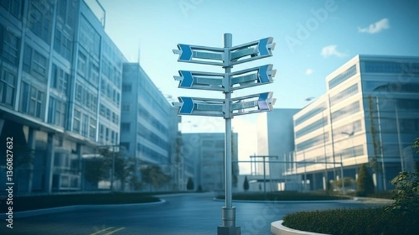 Obraz Urban street scene with directional signs against a backdrop of modern buildings