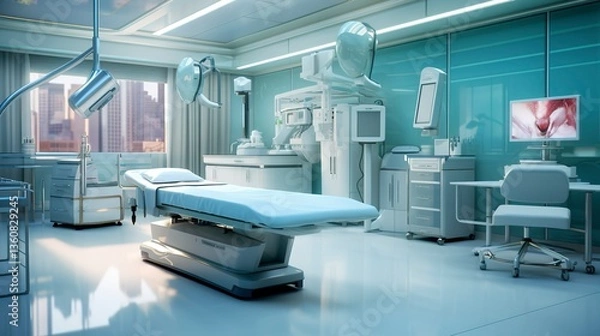 Obraz Modern hospital room with advanced medical equipment, empty beds, and monitors displaying data.
