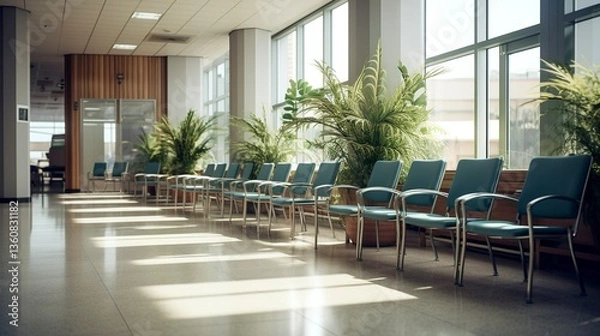Obraz Modern airport waiting area with rows of red seats and large windows, bathed in soft sunlight.